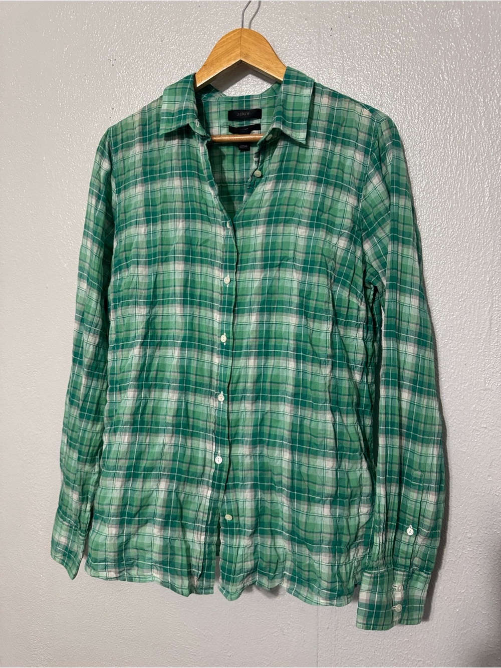 J.Crew Green & White Crinkle Plaid Perfect Shirt Button Down Size 10